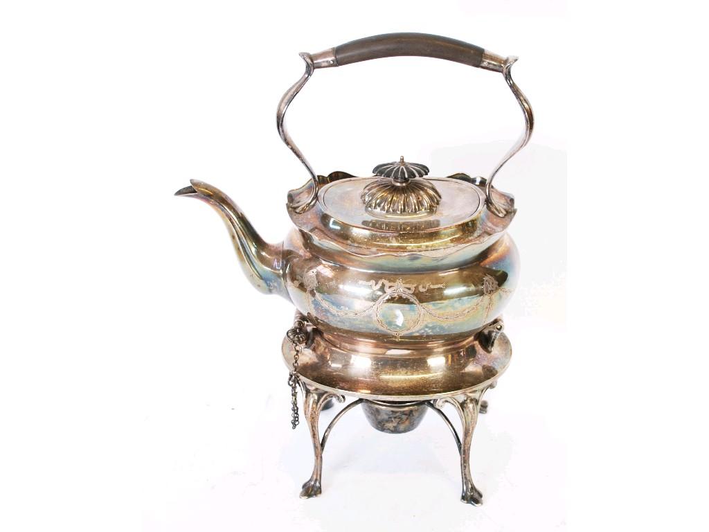 Appraisal: ELECTROPLATED TEA KETTLE ON STAND with burner oval engraved with