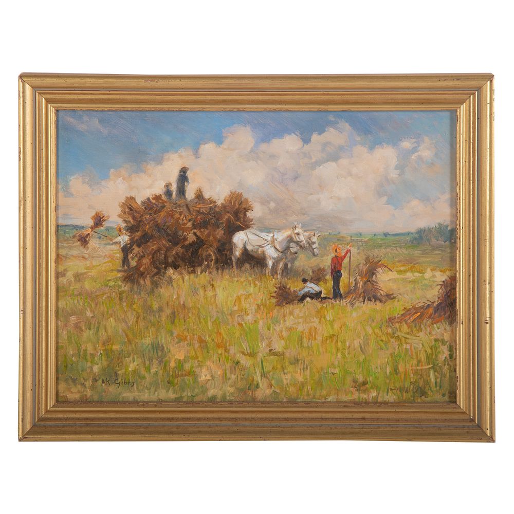 Appraisal: Nathaniel K Gibbs Haystacks oil on panel American - Oil