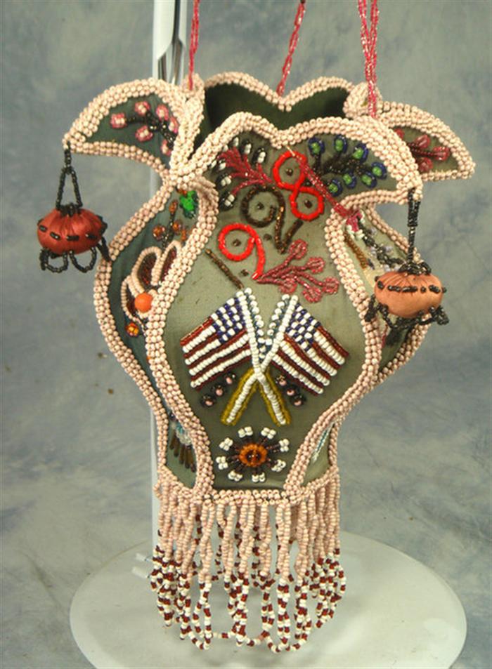 Appraisal: Beaded Iroquois Native American whimsey hanging vase with American Flags