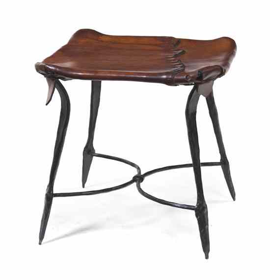 Appraisal: A French Wrought Iron Stool having a leather upholstered square