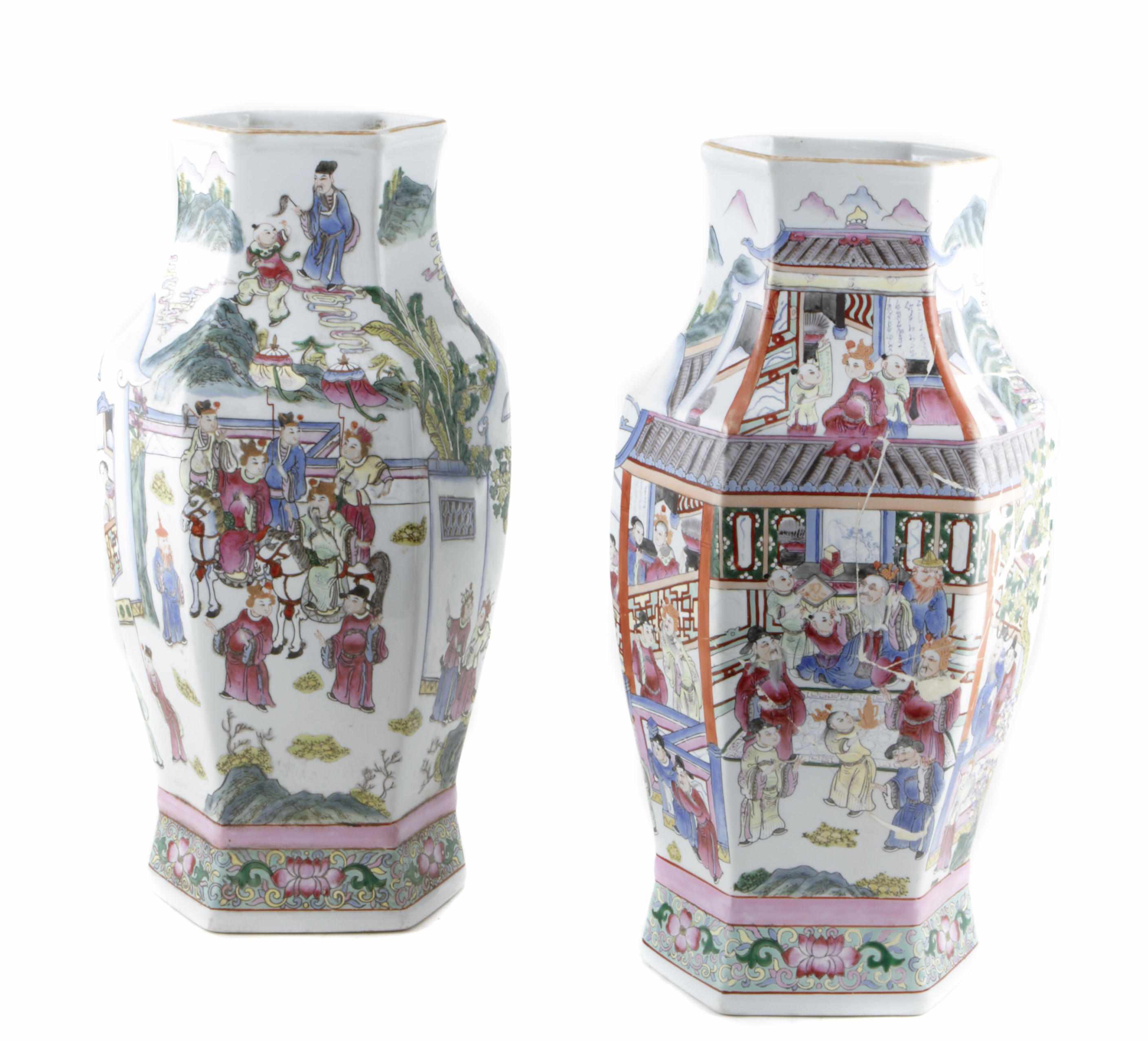 Appraisal: A pair of Chinese famille rose porcelain hexagonal section vases