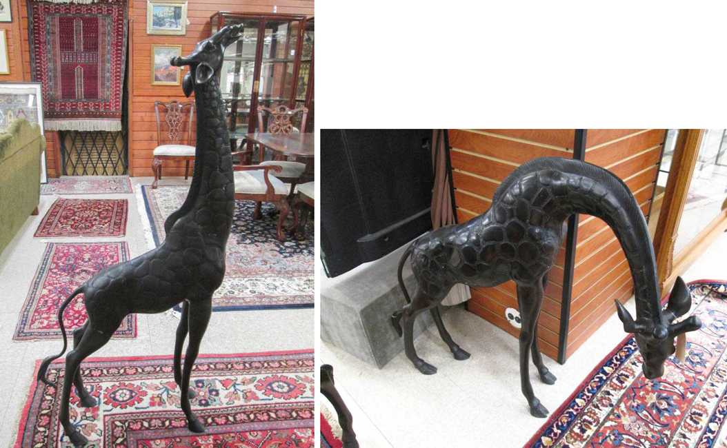 Appraisal: TWO BRONZE WILDLIFE FLOOR SCULPTURES African male and female giraffe