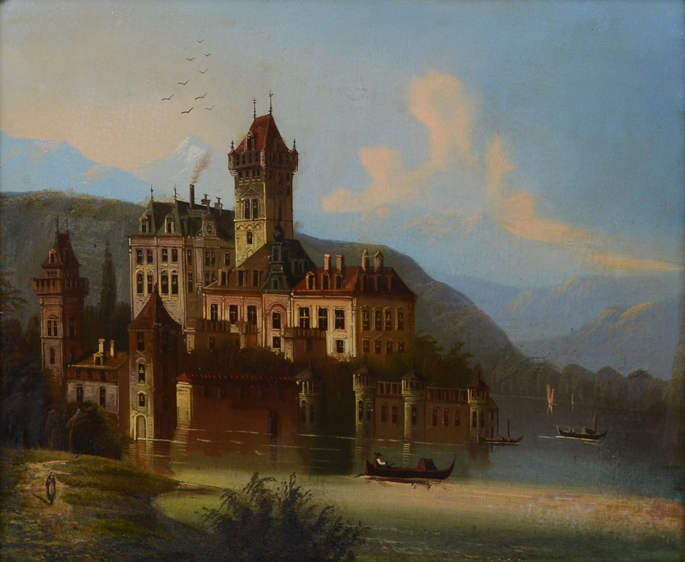 Appraisal: CASTLE ON A LAKE PAINTING ATTR TO JANKOWSKY Oil Canvas