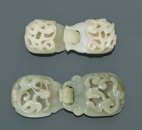 Appraisal: Two nephrite two-section belt buckles th Century Each with a