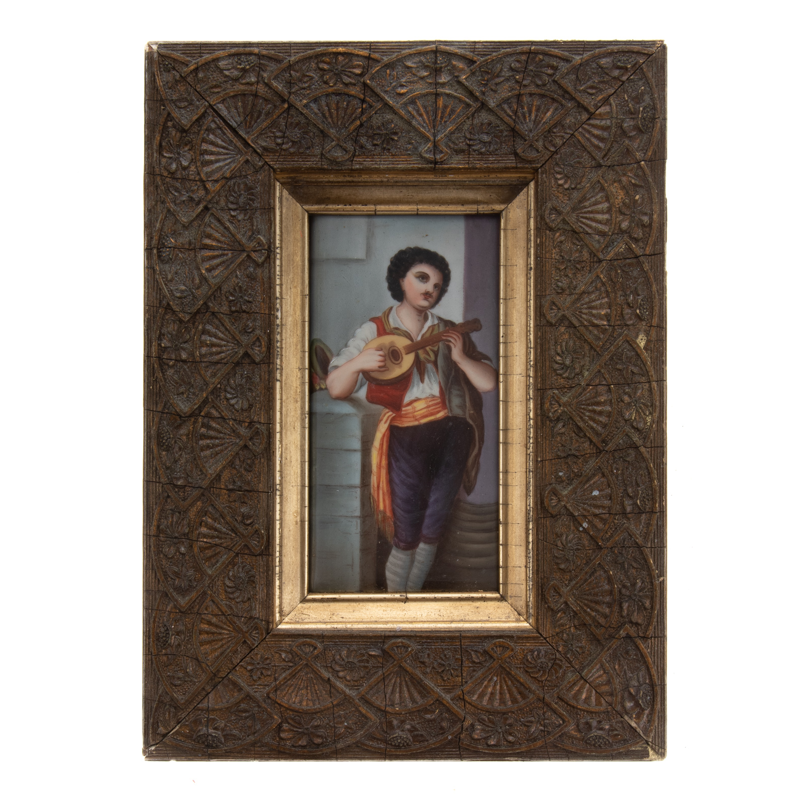 Appraisal: CONTINENTAL PAINTED PORCELAIN PLAQUE OF MUSICIAN Early th century plaque