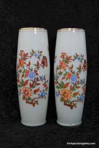 Appraisal: Pair of Hand Painted White Cased Glass '' VasesHand made