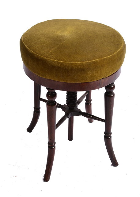 Appraisal: A REGENCY ROSEWOOD HEIGHT ADJUSTABLE REVOLVING PIANO STOOL with upholstered