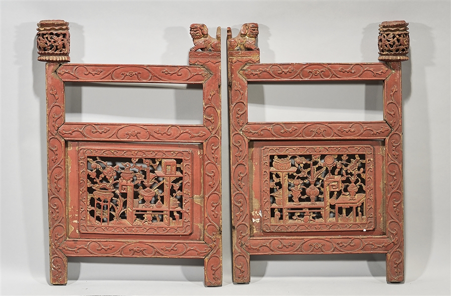 Appraisal: Two Chinese painted carved wood panels gate doors with central