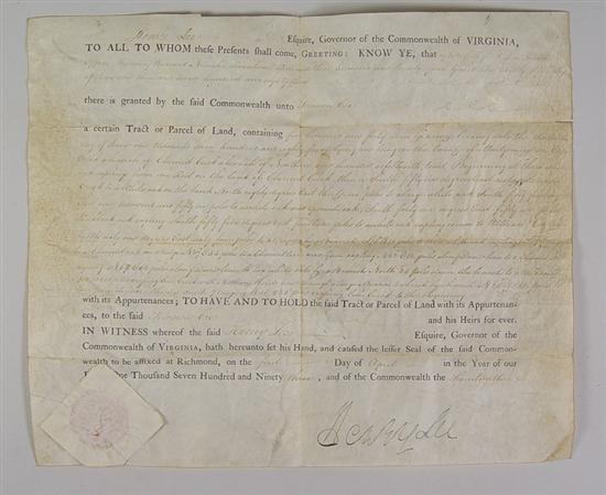 Appraisal: Light-Horse Harry Lee Signed Land Grant Partly engraved document signed