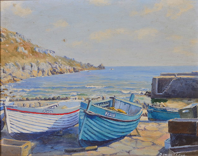 Appraisal: DENYS LAW - Fishing boats beached on the coast at