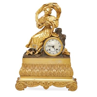 Appraisal: CONTINENTAL DORE BRONZE MANTEL CLOCK Woman in period dress silk