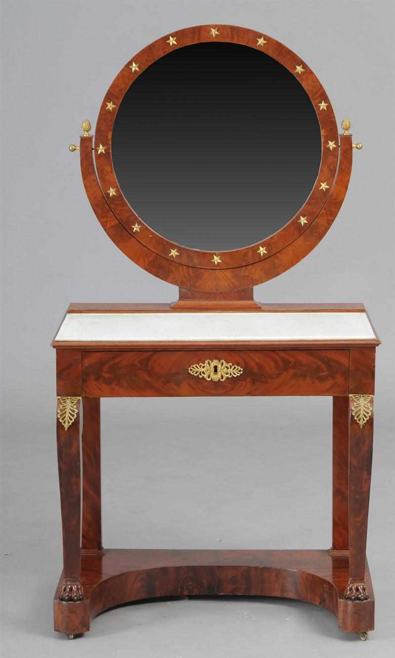 Appraisal: CHARLES X GILT-BRONZE MOUNTED MAHOGANY MARBLE-TOP DRESSING TABLE The round