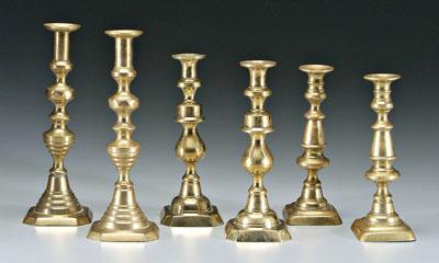 Appraisal: Three pairs brass candlesticks probably British th century - in