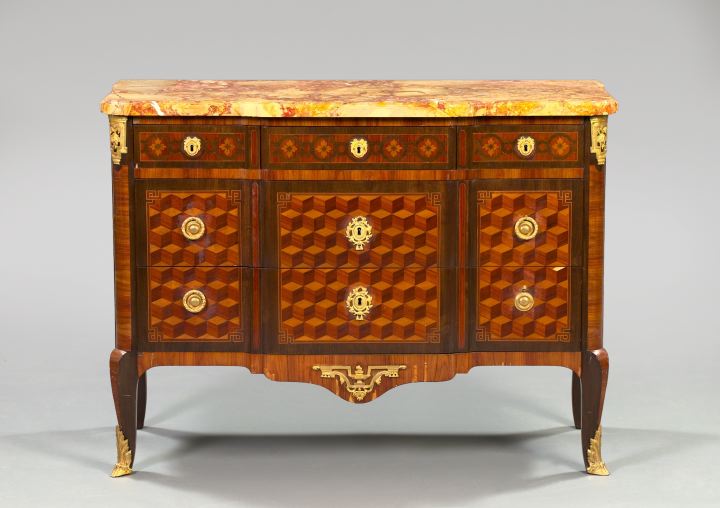 Appraisal: Good Louis XVI-Style Gilt-Brass-Mounted Parquetry-Inlaid and Marble-Top Chest late th