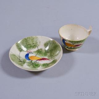 Appraisal: Small Green Peafowl-decorated Spatterware Cup and Saucer England th century