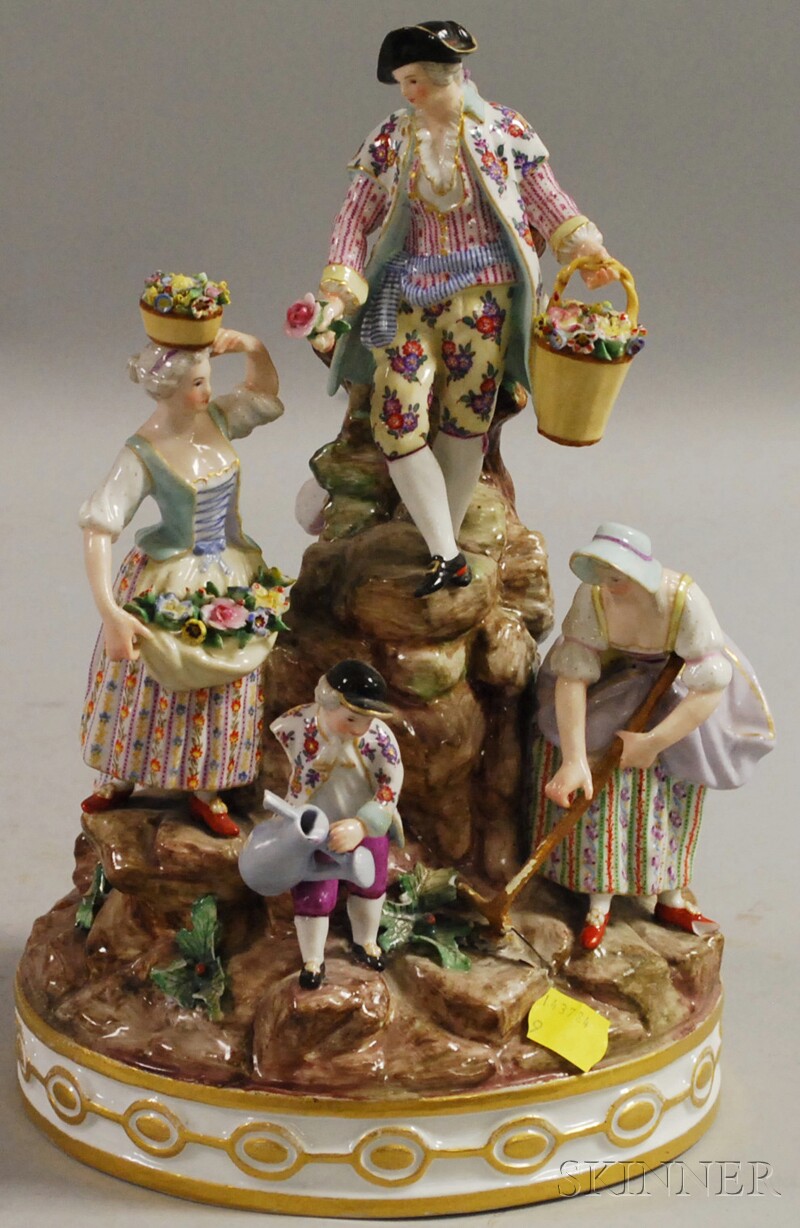 Appraisal: Meissen-style Hand-painted Porcelain Gardeners Figural Group losses repairs ht in