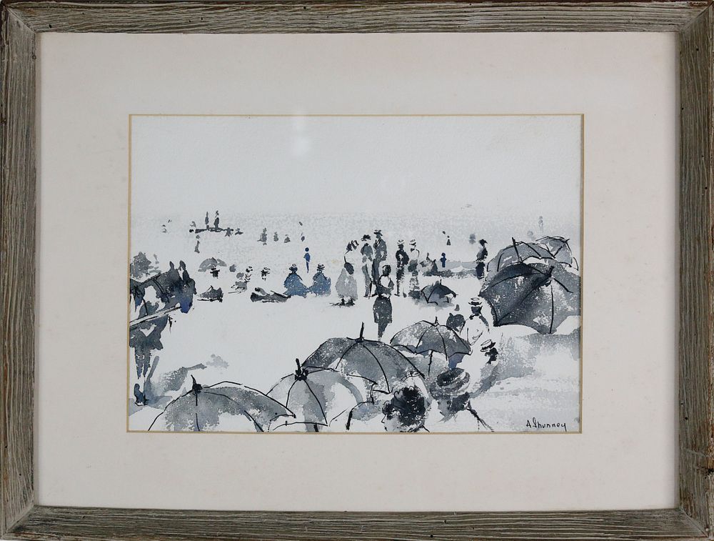 Appraisal: Andrew Shunney Watercolor on Paper Beach Goers Nantucket Andrew Shunney