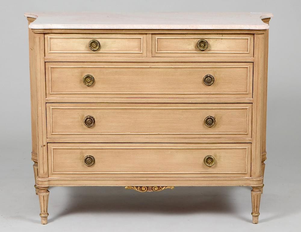 Appraisal: LOUIS XVI STYLE MARBLE TOP BLEACHED COMMODE th Century The