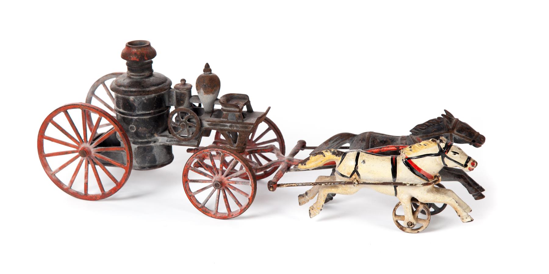 Appraisal: CAST IRON FIRE WAGON TOY American ca Hand painted with