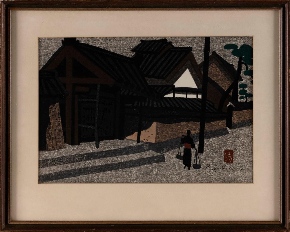 Appraisal: KIYOSHI SAITO JAPAN - VILLAGE SCENE WITH WATER CARRIER COLOR