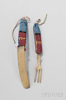 Appraisal: Crow Beaded Horn Knife and Fork c unique handles beaded