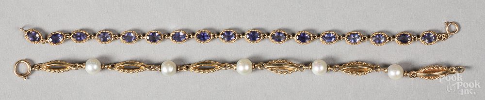 Appraisal: Two K gold pearl and gemstone bracelets Two K gold