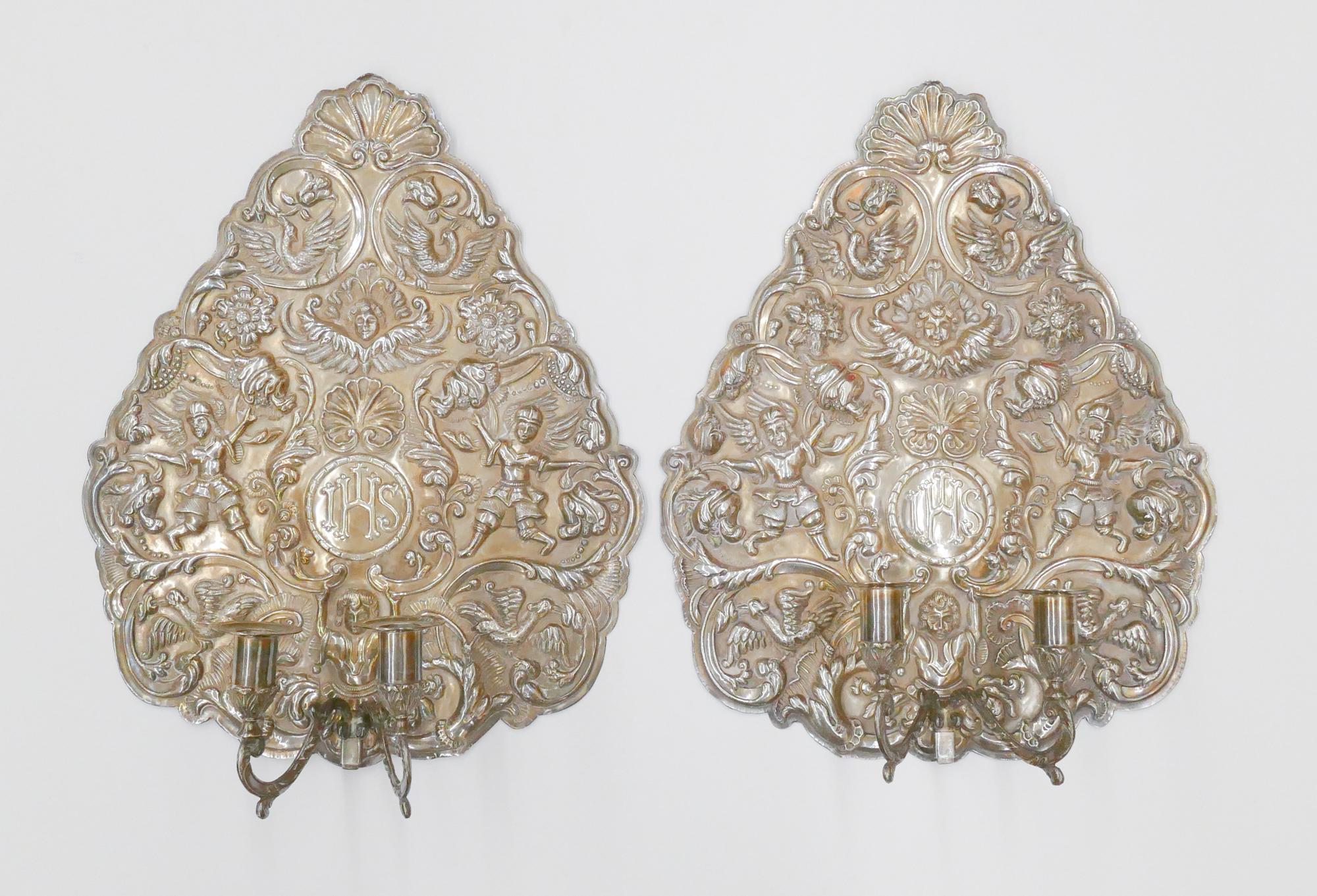 Appraisal: Pair Bolivian Silver Hand worked Mariola Style Wall Sconces Ornately