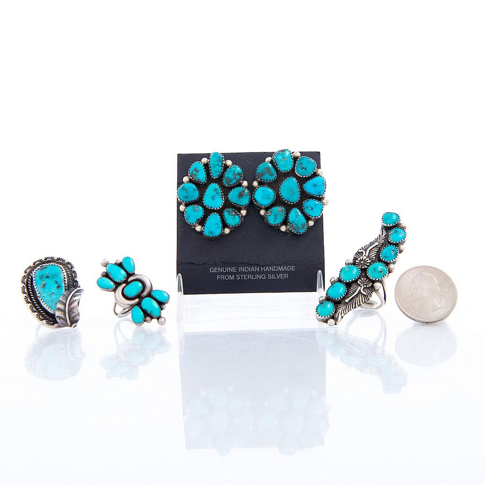 Appraisal: NATIVE AMERICAN SILVER AND TURQUOISE RINGS AND EARRINGS Turquoise Total