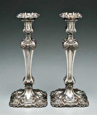 Appraisal: Pair English silver candlesticks rounded square form acanthus and shell