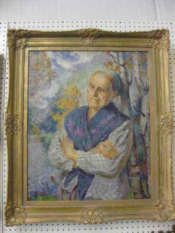 Appraisal: Impressionist Oil on Canvas older woman at rest against a