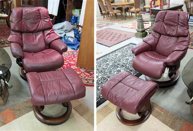 Appraisal: A PAIR OF CONTEMPORARY BURGUNDY LEATHER ''STRESSLESS'' RECLINERS AND MATCHING