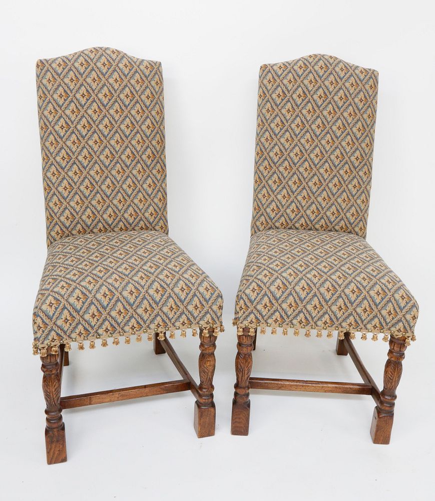 Appraisal: Pair of William and Mary Style Upholstered Elm Highback Hall