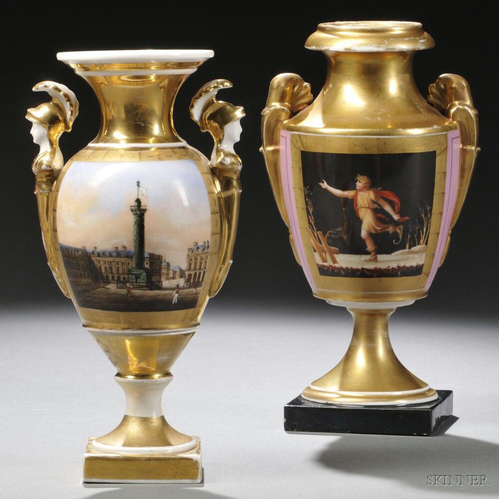 Appraisal: Two Continental Polychrome Enamel-decorated and Gilded Urn-form Porcelain Vases mid-