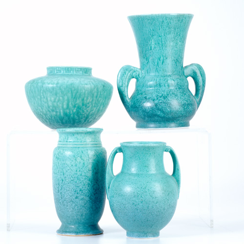 Appraisal: ROSEVILLE Four Earlam vases in turquoise mottled glaze Unmarked Tallest