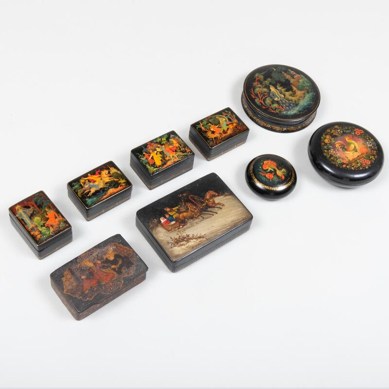 Appraisal: Group of Russian Lacquered Snuff Boxes Unmarked Comprising A box