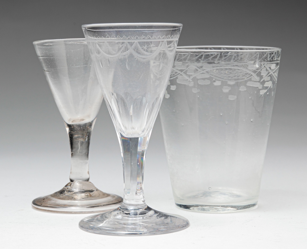 Appraisal: TWO EARLY AMERICAN CORDIALS AND A TUMBLER Early th century