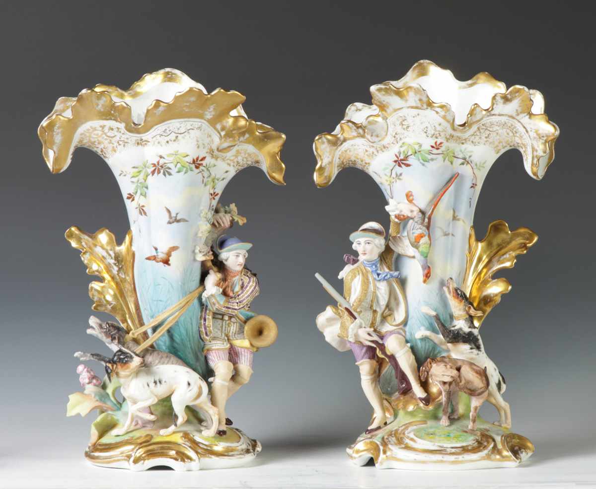 Appraisal: Old Paris Porcelain Spill Vases th Cent With hunters and