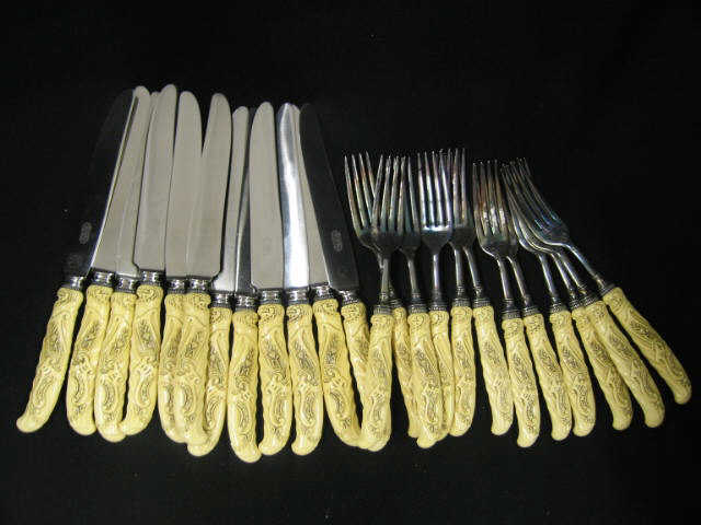 Appraisal: Pc Fancy Celluloid Silverplate Flatware Set with knives forks Victorian