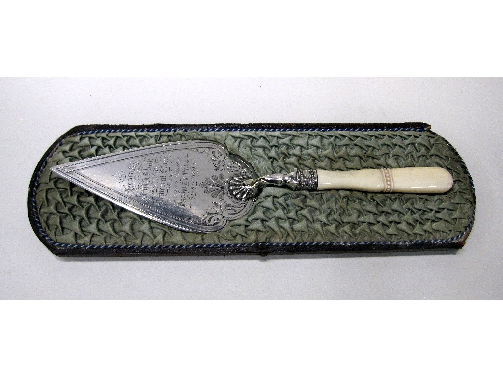 Appraisal: Cased white metal and ivory presentation trowel dated