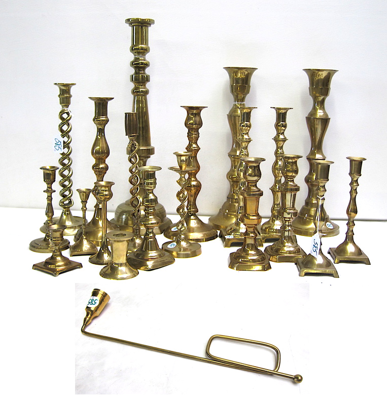 Appraisal: COLLECTION BRASS CANDLESTICKS AND A SNUFFER twenty-one pieces includes pairs