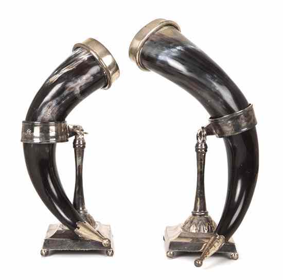 Appraisal: A Pair of Silverplate Mounted Horn Vases each set on