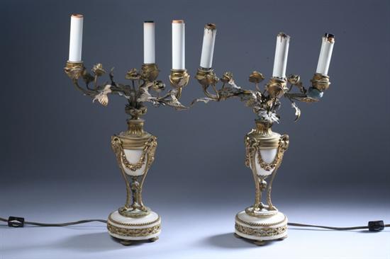 Appraisal: PAIR LOUIS XVI-STYLE BRONZE-DOR AND MARBLE THREE-LIGHT CANDELABRA late th