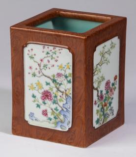 Appraisal: Chinese enameled floral brush pot Qianlong mark Chinese square section