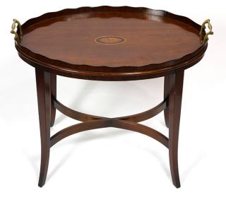 Appraisal: English inlaid mahogany tray on stand English inlaid mahogany tray