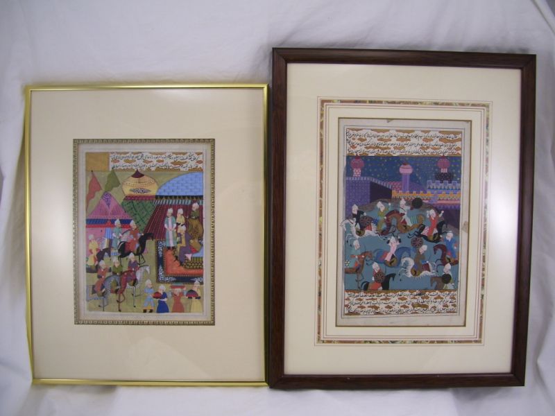 Appraisal: - Hand Painted Middle Eastern Works One depicts a battle