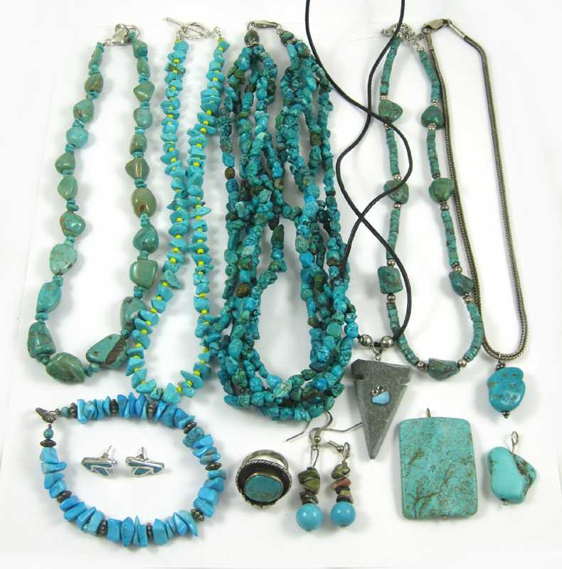 Appraisal: FOURTEEN ARTICLES OF TURQUOISE JEWELRY including four bead necklaces two