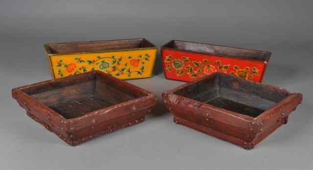 Appraisal: Chinese Carved Wooden BasketsTwo finely painted to depict lotus blossoms