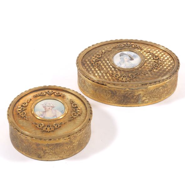 Appraisal: TWO ORMOLU VANITY BOXES WITH MINIATURE PORTRAITS Oval ormolu vanity