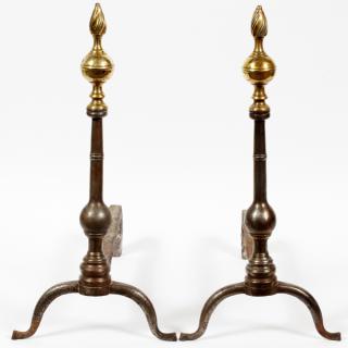 Appraisal: PEWTER AND BRASS ANDIRONS TH C PAIR PEWTER AND BRASS