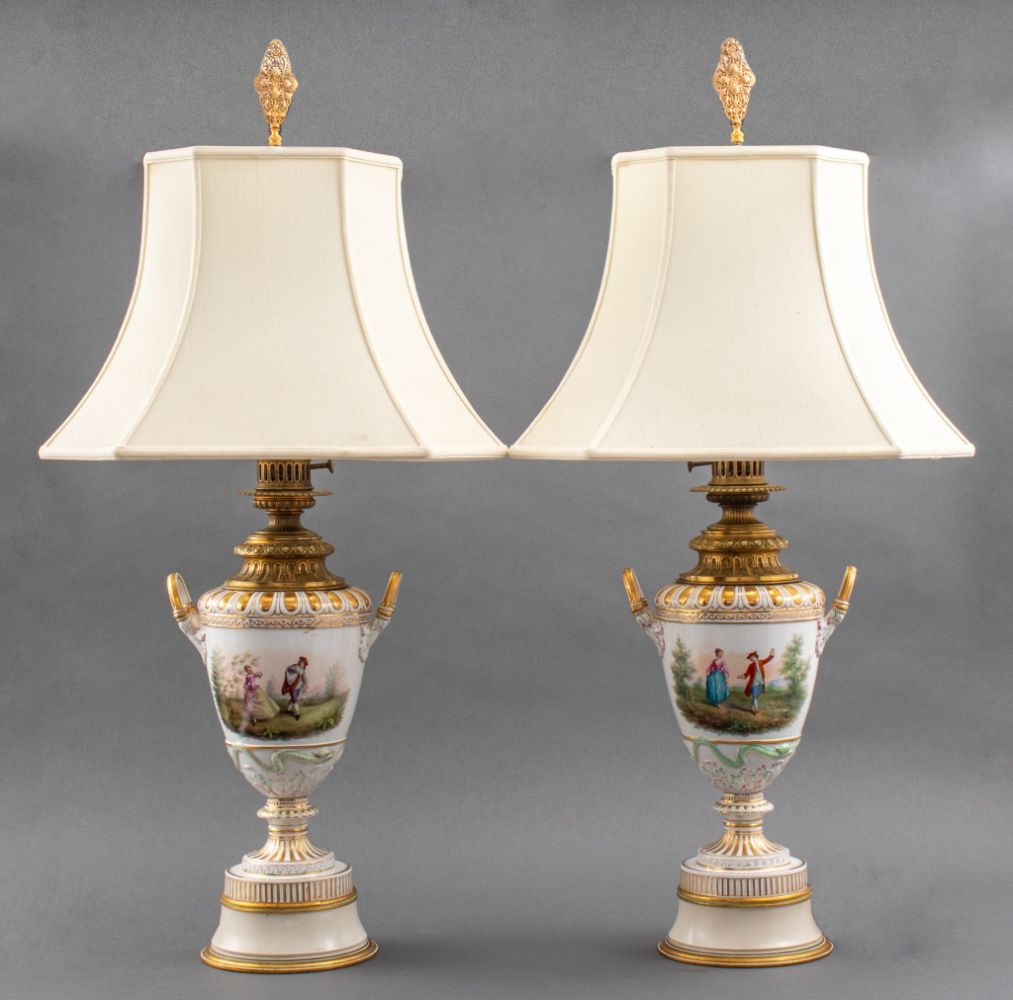 Appraisal: SEVRES STYLE ORMOLU PORCELAIN URNS AS LAMPS PR Pair of